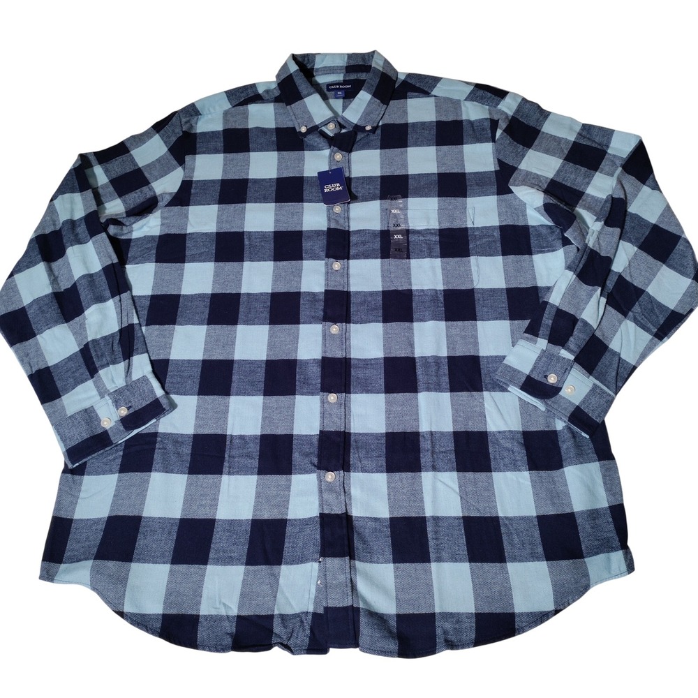 Club Room Mens XXL Flannel Shirt Navy Blue Buffalo Plaid Cotton NWT